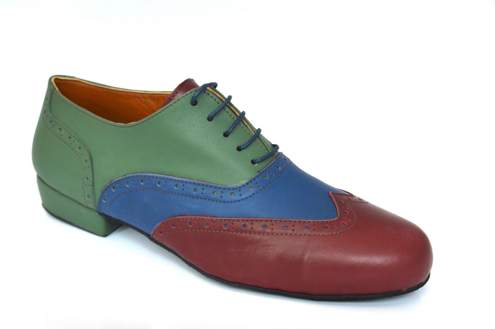 Men tango shoe by soft blue, burgundy and green mat leather