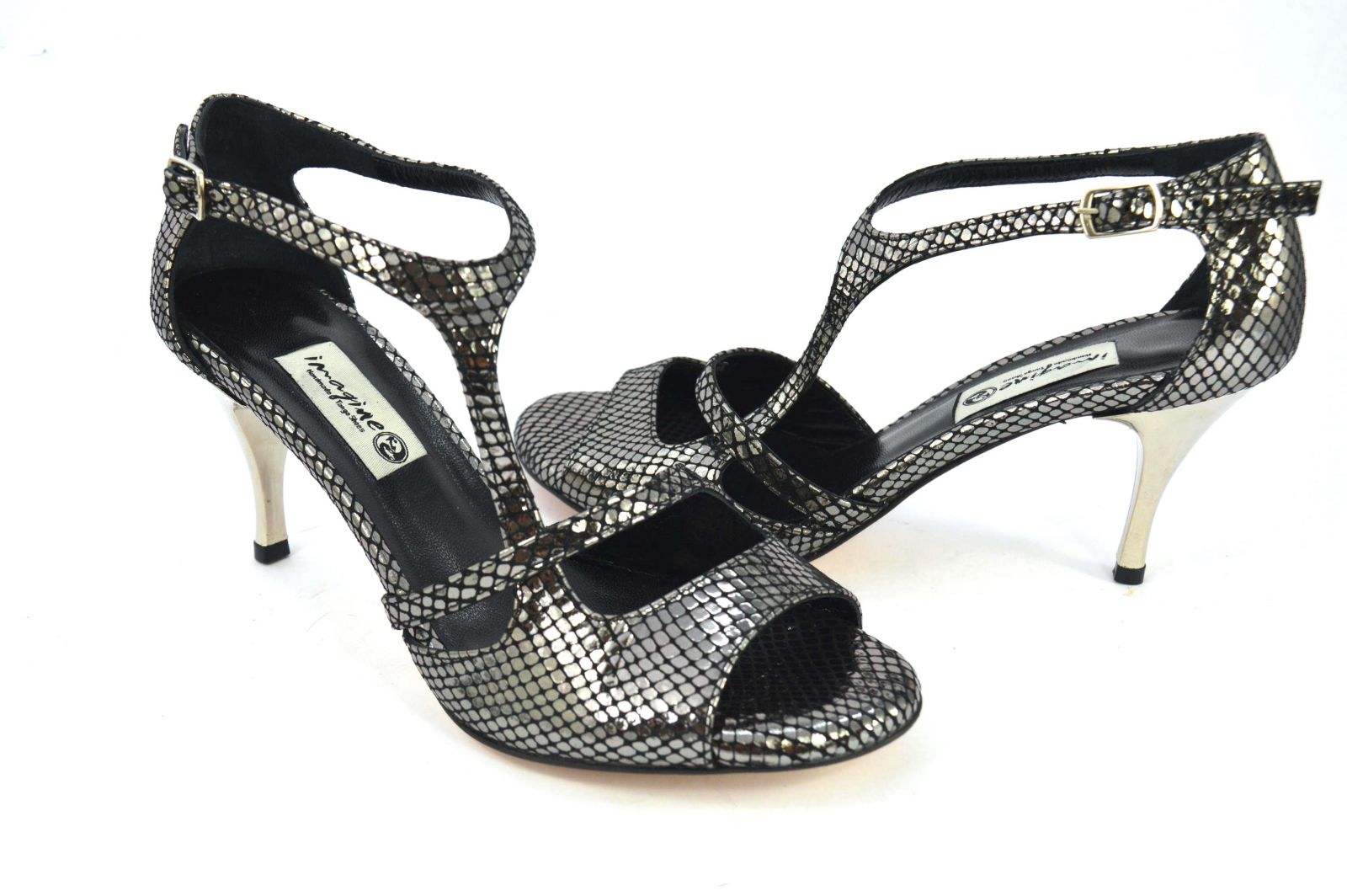 Women Tango Dance Shoes, in silver snake leather