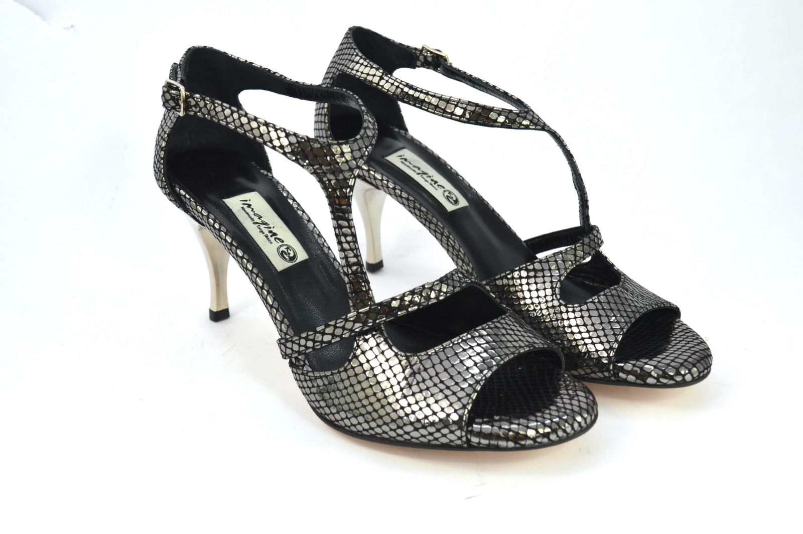 Women Tango Dance Shoes, in silver snake leather