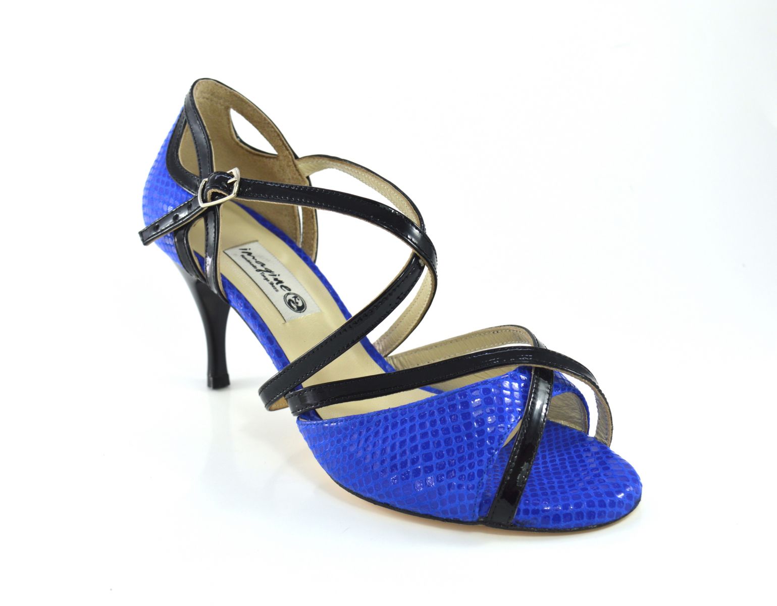 Women's Tango Shoe, peep toe style, in blue snake leather and black leather