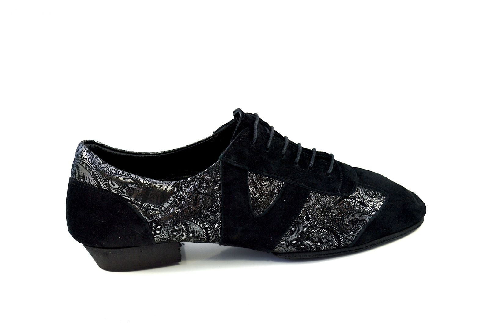 Women's tango dance sneakers shoes, oxford style, by very soft black suede leather and silver paisley