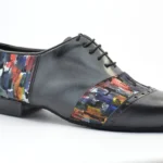 Men’s tango shoe in black leather with a colorful abstract design