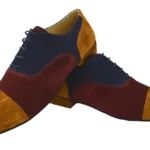 Men’s tango shoe made of burgundy, blue, and brown suede leather.