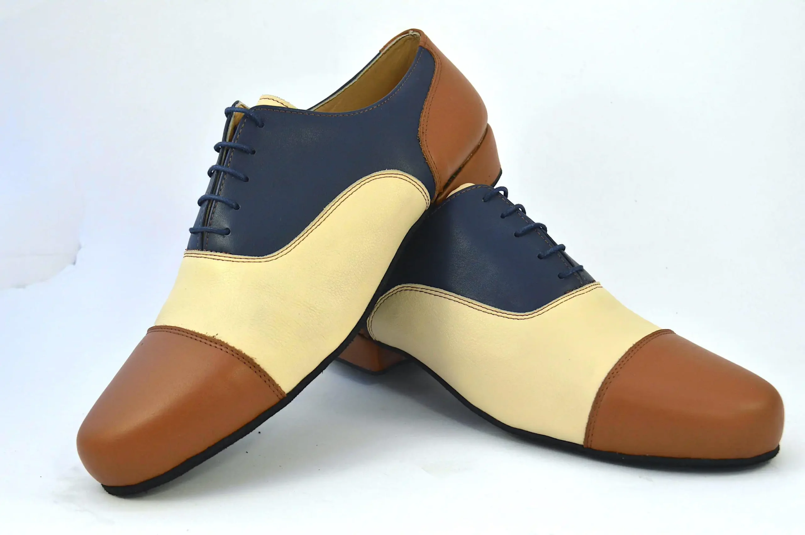 239_0048May 24 a Men’s tango shoe made of blue, beige, and brown matte leather. - Image 1