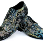 Mens argentine tango dance shoes by black leather and golden-blue prints.
